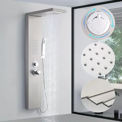 Zdjęcie produktu dla Panel prysznicowy - Kolumna prysznicowa - Deszczownica - Dysze masujące - Ręczny prysznic - Stal nierdzewna, szczotkowana - 4 funkcje prysznicowe