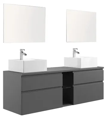 Produktbild von Hängender Badezimmerschrank mit Doppelwaschbecken und Spiegeln – Grau – 150 cm – MAGDALENA II