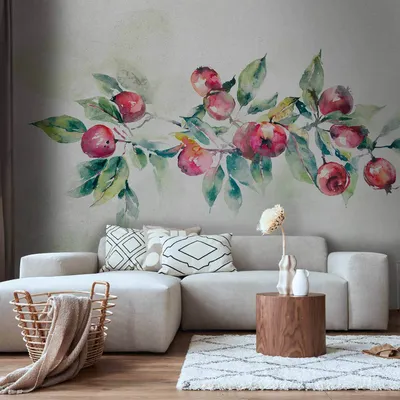 Produktbild von Vlies Fototapete - Apple branch - landscape with a plant and red apples on a white background 150x105 cm Blätter b-C-10138-a-a