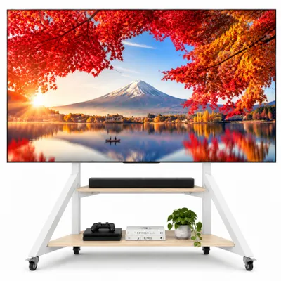 Image de WISFOR Support TV Réglable en hauteur, pied TV avec roulettes, support TV universel avec étagères AV pour 40"-75", VESA 600x400mm, jusqu'à max 80kg, blanc