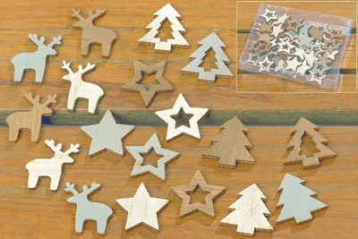 Produktbild von Tischstreu Holzstreu Streuartikel weihnachtliche Motive im Mix(Sterne,Rentiere,Tannenbäume)ca. 210 Teile