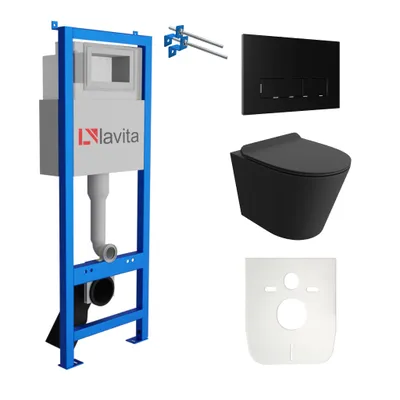 Produktbild von Lavita LAV 101 Vorwandelement für WC 40cm + Wand Hänge Tiefspül WC GALVE Schwarz Spülrandlos + Bedienplatte LAV 200.3.4 Schwarz | Komplettset | Unterputz Spülkasten | Toilette Komplett Sett