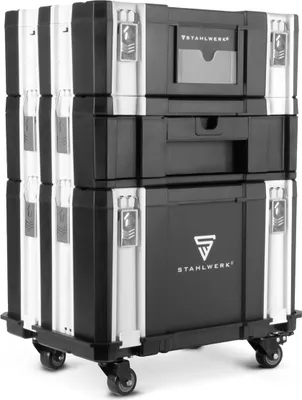 Produktbild von STAHLWERK Mobiles Toolbox Set mit 3 Werkzeugkoffern Rollbrett und Lenkrollen