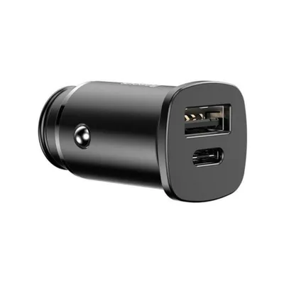 A black car charger with two USB ports.