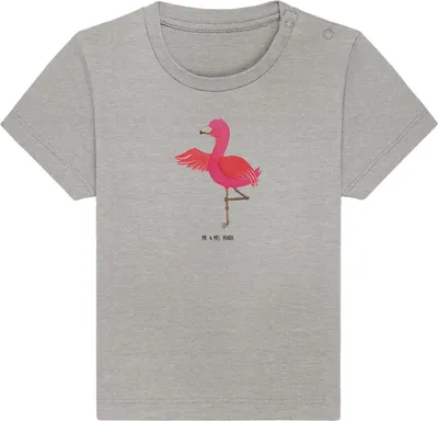Produktbild von Mr. & Mrs. Panda Organic Baby Shirt Flamingo Yoga 0. - 6. Monat - Heather Grey - Geschenk, Kleinkind, Yogi,  T-Shirt, Urlaub, Jerseyshirt, Kinder, Oberteil, Namaste