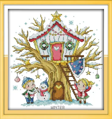 Kreuzstich-Set Winterbaumhaus, 11CT+14CT, DIY