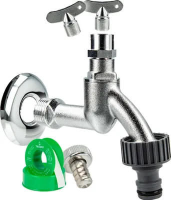 Produktbild von tecuro Auslaufventil 1/2 Zoll, Steckschlüssel-Oberteil, Steckkupplung, Wandrosette, Dichtband, MS mattverchromt