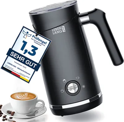 Produktbild von LEBENLANG Milchaufschäumer elektrisch Schwarz - Inkl. Ersatzbesen + 4 Modi für den perfekten Cappuccino | Milchschäumer elektrisch | Milk Frother Kakaomachine heiße Schokolade | Milchkocher Induktion
