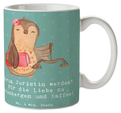 Produktbild von Mr. & Mrs. Panda Kaffeebecher Juristin Liebe - Meeresbrise - Geschenk, Tasse, Humor, Berufsgestaltung, Pott, Kaffeetasse, schöne, Beruf, Gericht, Teetasse, Paragraphen