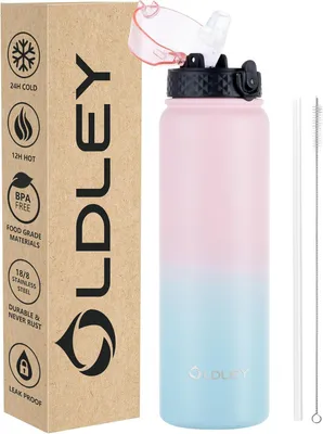 Imagen del producto de Botella de acero inoxidable con pajita, de 1 litro, con aislamiento al vacío, ideal para deportes y camping