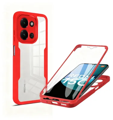 A red and clear phone case is shown, with a phone inside a similar case in the background.