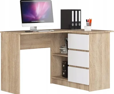 Image de BDW, Bureau d'angle droite, 3 tiroirs, 4 étagères, Chêne Sonoma/ Blanc droite