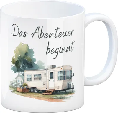 Produktbild von Wohnwagen Kaffeebecher mit Spruch Das Abenteuer beginnt