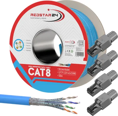 Produktbild von Cat 8 Verlegekabel Netzwerkkabel CAT 8.1 Kabel Ethernet LAN Cat8 RJ45 Stecker 100m 4x Cat8 Stecker Werkzeuglos