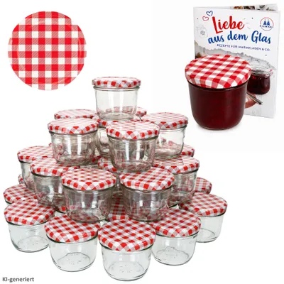 Produktbild von 100er Set Sturzglas 230 ml To 82 rot karierter Deckel incl. Diamant-Zucker Gelierzauber Rezeptheft