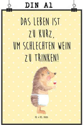 Produktbild von Mr. & Mrs. Panda Bild Igel Wein DIN A1 - Gelb Pastell - Geschenk, Rotwein, Weinglas, Wanddekoration, Weinliebhaber, wanddeko, drucke, Weintrinker, Kunstdruck, Weißwein
