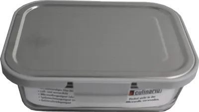 A glass food container with a lid, shown from a slightly elevated diagonal angle.
