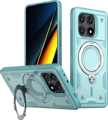 Produktbild von Dual Layer Hülle für Xiaomi Poco X6 Pro/Redmi K70E Metall Ring Ständer Magnetisch Stoßfest Militär Handyhülle Türkis
