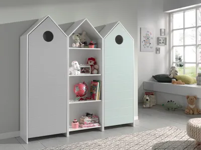 Image de CASAMI Set 3 pcs. composé de : Armoire à 1 porte avec façade en menthe, armoire à étagères, armoire à 1 porte avec façade en gris