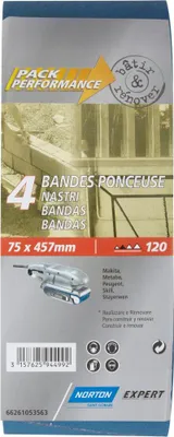Image de Lot de 4 bandes abrasives NORTON, 75 x 457 mm, grains 120