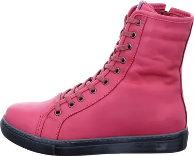 A side view of a pink high-top boot.