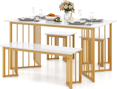 Produktbild von COSTWAY 4-tlg. Esstisch Set, Esszimmergruppe mit 2 Stühlen, Bank & rechteckigem Küchentisch, Essgruppe Marmor-Muster Metall 150x80x75cm Weiß, Golden