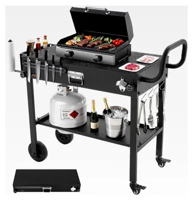 Produktbild von Grillwagen für den Außenbereich 787x432 mm (Tischplattengröße), Klappbarer Grilltisch mit Taschentuchhalter, Rädern und magnetischer Werkzeugablage, Servierwagen für Picknick und Küche