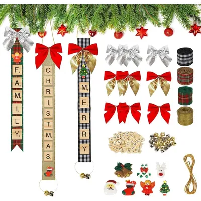 Produktbild von Weihnachts-Dekorationsset mit Schleifen Glöckchen und Buchstabenplättchen für Geschenke und Weihnachtsbaum