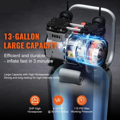 Immagine prodotto di Compressore d'aria – Compressore d'aria senza olio – Pompa per pneumatici – Motore da 2 HP – Pressione massima: 116 PSI