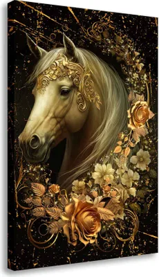 Produktbild von Wandbild Leinwandbild Pferd Gold Style Kunstdruck XXL Wanddeko: 100x150x4cm