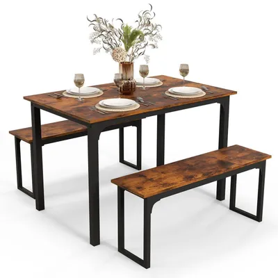 Produktbild von Esstisch mit 2 Bänken, 3-teilige Essgruppe, Küchentischset, Industriedesign, Rustikales Braun