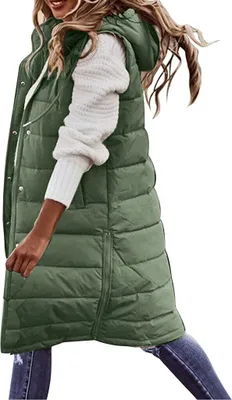 Obrázek produktu pro ASKSA Dámská péřová vesta Dlouhá zimní bunda Péřová bunda Teplá vesta s kapucí Prošívaná bunda, zelená, 3XL