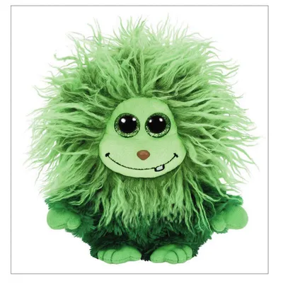 A green plush toy with large, sparkly eyes and shaggy fur.