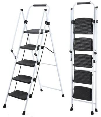 Produktbild von 5 Stufen Leiter Klappbar Tritthocker mit Anti Rutsch Pedalen Sicherheitsgriff Leichte Stahlleiter Tragbar bis 150kg Belastbar Weiß