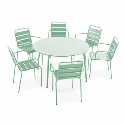 Produktbild von Runder Gartentisch und 6 Sessel aus Metall Salbeigrün - Oviala Palavas