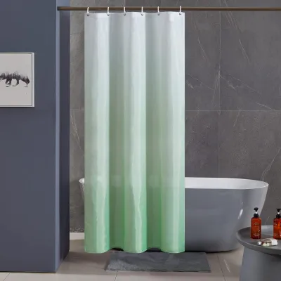 Image de Rideau de douche 100 x 200 cm, résistant à la moisissure, imperméable et lavable, rideau de salle de bain pour baignoire et douche, en tissu, blanc à vert, avec 6 anneaux.