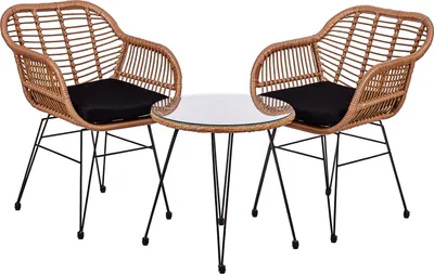 A three-piece rattan bistro set with two chairs and a table on a white background.