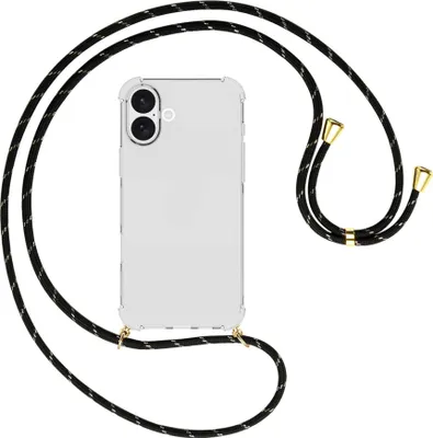 Produktbild von Handykette Backcover-Schutzhülle mit Band (Metall goldfarben) für iPhone 16 Plus - schwarz/gold