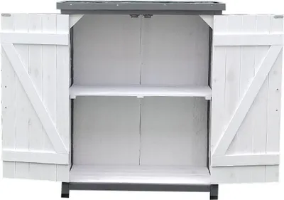 Produktbild von Mucola Geräteschrank Gerätehaus Gartenschuppen Schrank Schuppen Gartenschrank + 2 Türen Pflanztisch Mehrzweckschrank - Weiß/Grau
