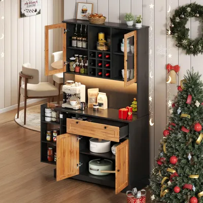 Produktbild von okwish Hochschrank Aufbewahrungsschrank mit LED Beleuchtung und Schubladen,Küchenschrank mit Stauraum und verstellbaren Einlegeböden,Barschrank mit Steckdose und ,Schwarz + Natur