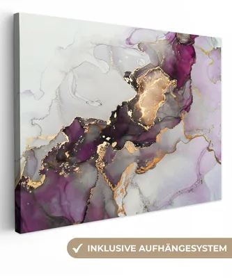 Produktbild von MuchoWow® - Leinwandbilder - Marmor - Abstrakt - Gold - Lila, Wandbild, Wanddeko Bilder Wohnzimmer, 80x60 cm