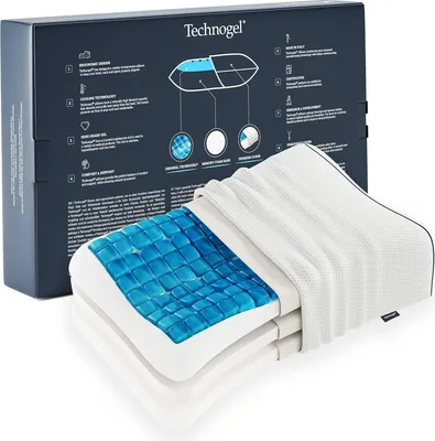 A pillow and its packaging are displayed on a white background. The packaging shows diagrams and text describing the pillow's features.