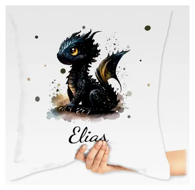 Produktbild von Kissen 40x40 Zierkissen - Kleiner Drache mit Namen I Nachtdrache I Dragon I Drachenzähmen - 40 x 40 cm - Weiß - Drachenmotiv personalisiert