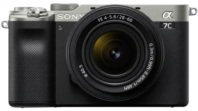 A front view of a Sony Alpha A7C digital camera with a lens attached, presented on a white background.