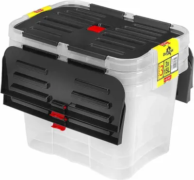 A clear, studio shot of a plastic storage box with its lid closed and side panels attached.