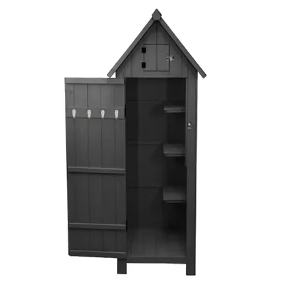 Immagine prodotto di Armadietto da giardino in legno [grigio], resistente all'acqua, ante con serratura, 3 ripiani e 4 ganci, lucernario, kit di fissaggio al pavimento, copriviti, tetto in asfalto [INCLUSI lucchetto e 4 chiavi]
