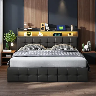 Produktbild von UnboxG Polsterbett 160x200 cm mit LED, Stauraum und Steckdose – Smartbett mit Kopfteilbeleuchtung, PolyurethanKunstleder, hydraulischem Bettkasten und Ablage