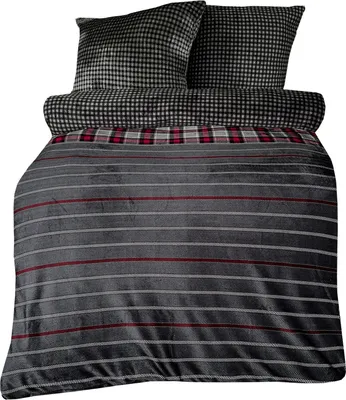 Produktbild von Winter Bettwäsche Teddy Plüsch Nicki Flauschig Kuschelig Warm Weich , Größe:4 teilig 135x200 cm, Farbe:Gestreift Streifen anthrazit rot