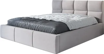 A bed with a mattress and bedding, shown against a white background.
