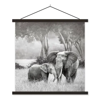 Produktbild von MuchoWow® Textilposter Elefant - Tiere - Natur - Schwarz und weiß 120x120 cm mit schwarzem Rahmen - Aufhängungsset